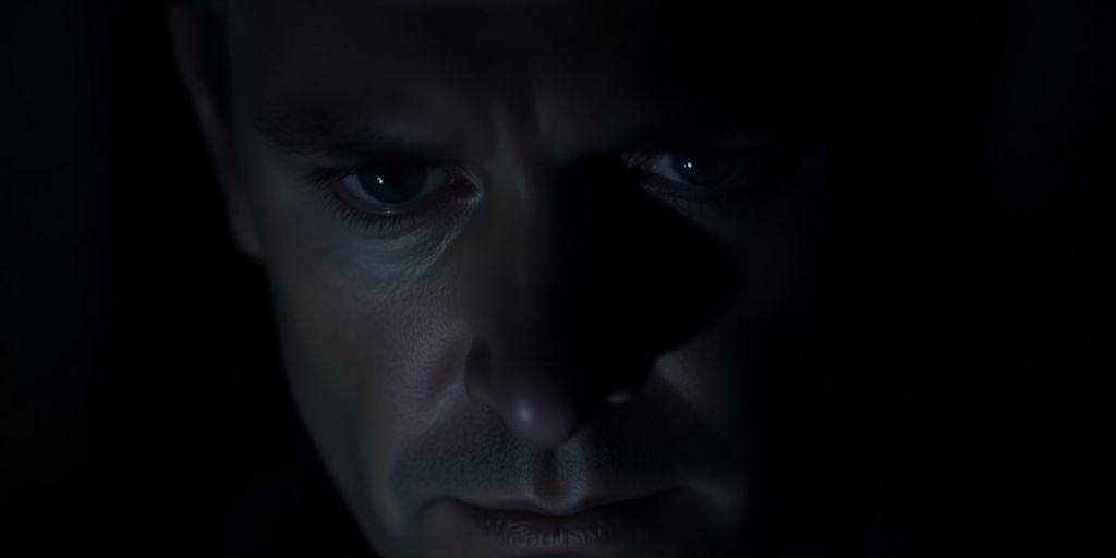 Homem preocupado, sombra no rosto, cores escuras.