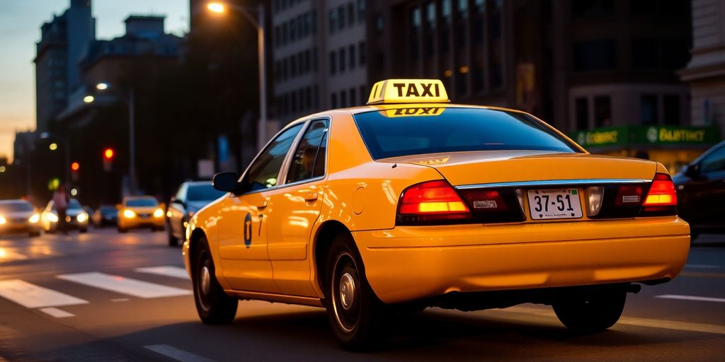 Yellow taxi driving through Dallas at dusk.