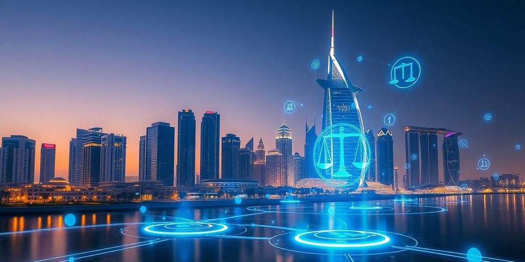 Futuristic UAE skyline with digital AI law themes.