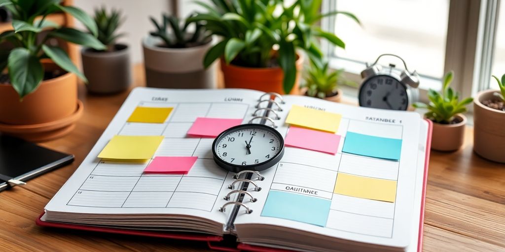 Ein geplanter Kalender mit bunten Notizen und Uhr.