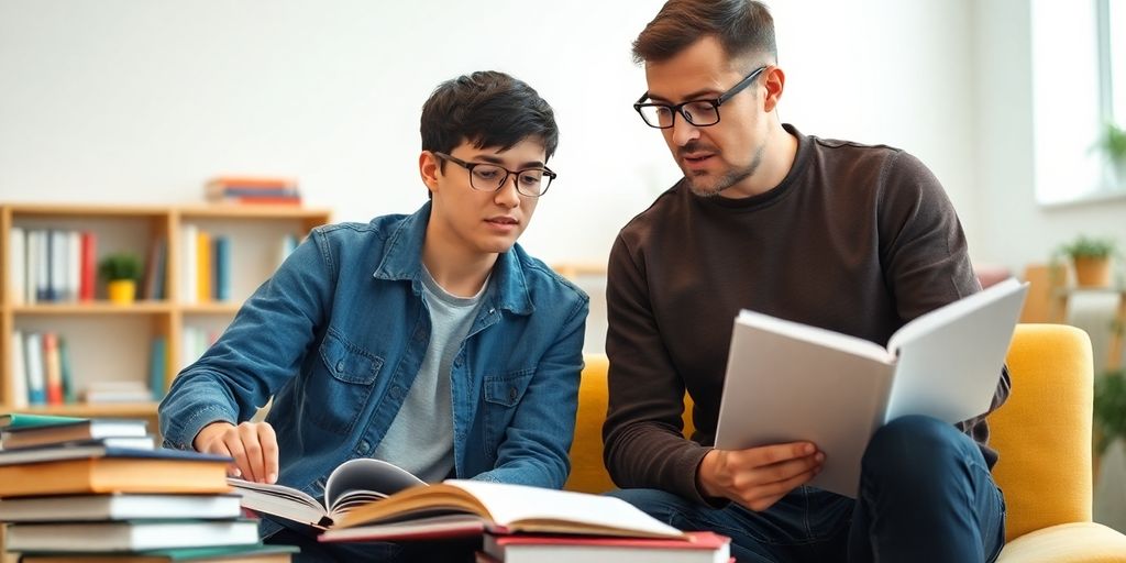 Tutor helping a student with study materials.