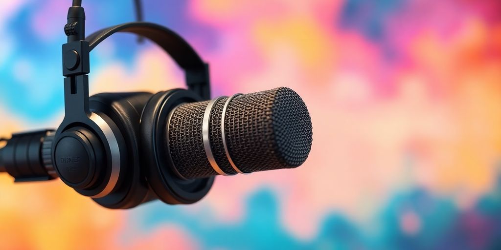 Podcast equipment with abstract colorful background.