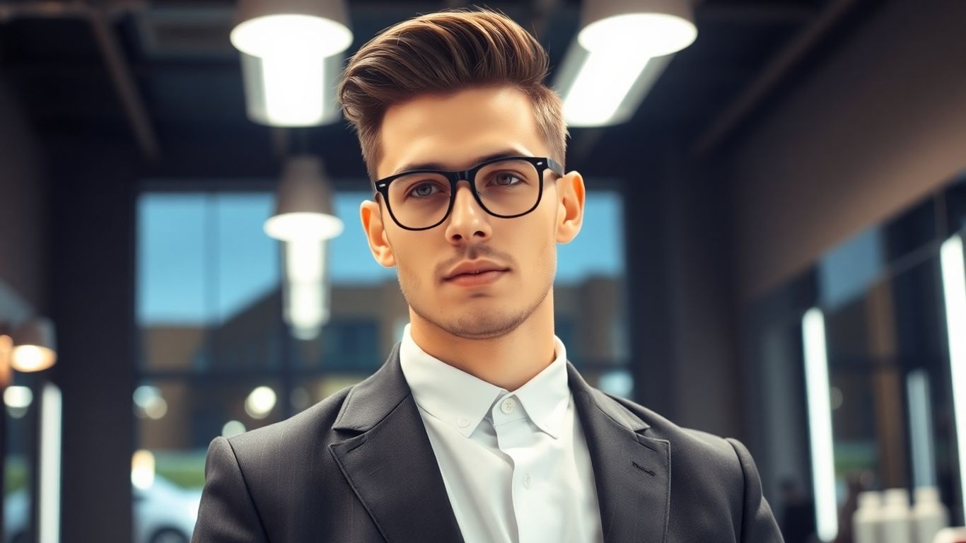 Man with sharp haircut and stylish clothes in a barbershop.
