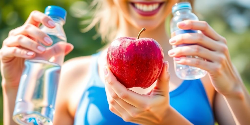 Woman smiling, holding a fresh apple and a water bottle.