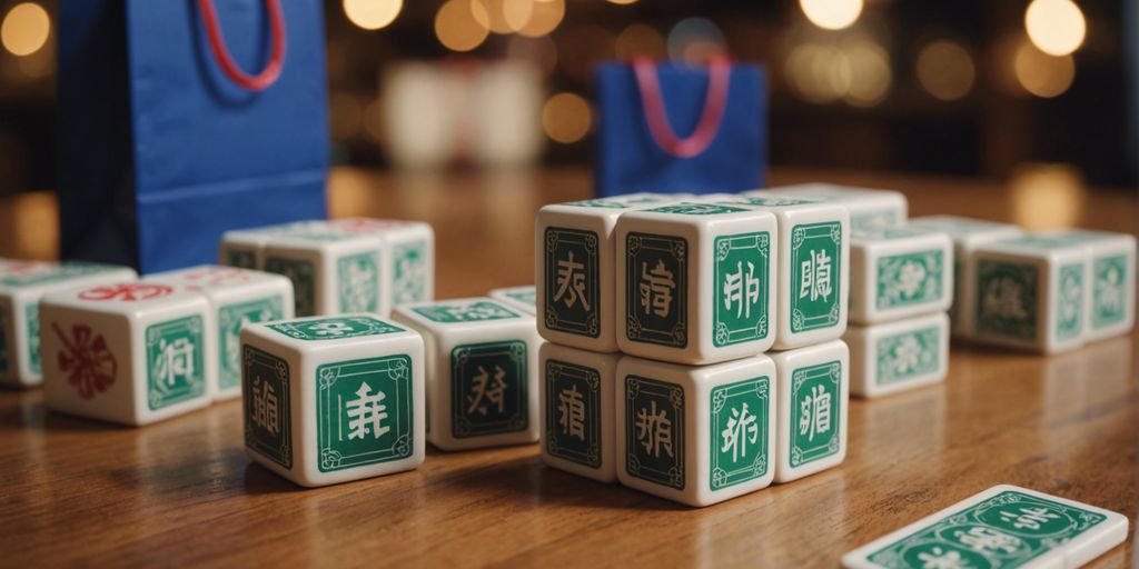 Authentic Mahjong tiles with shopping bags on wooden table.