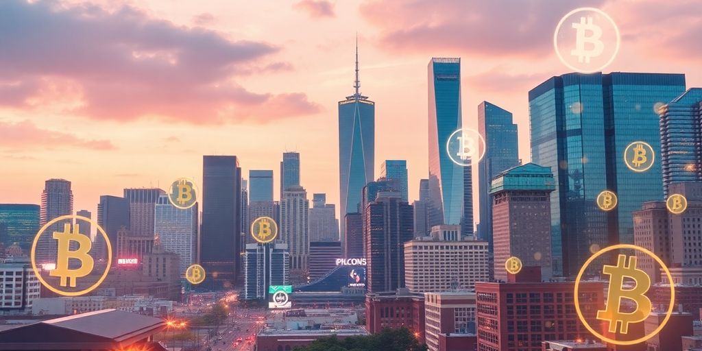City skyline with digital currency symbols and vibrant colors.