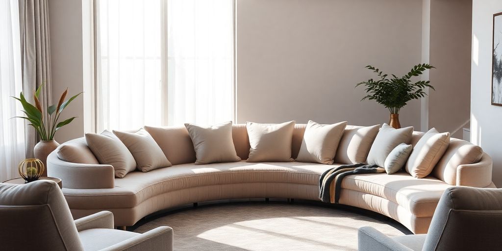 Modern living room with a plush, cream-colored curved sofa.