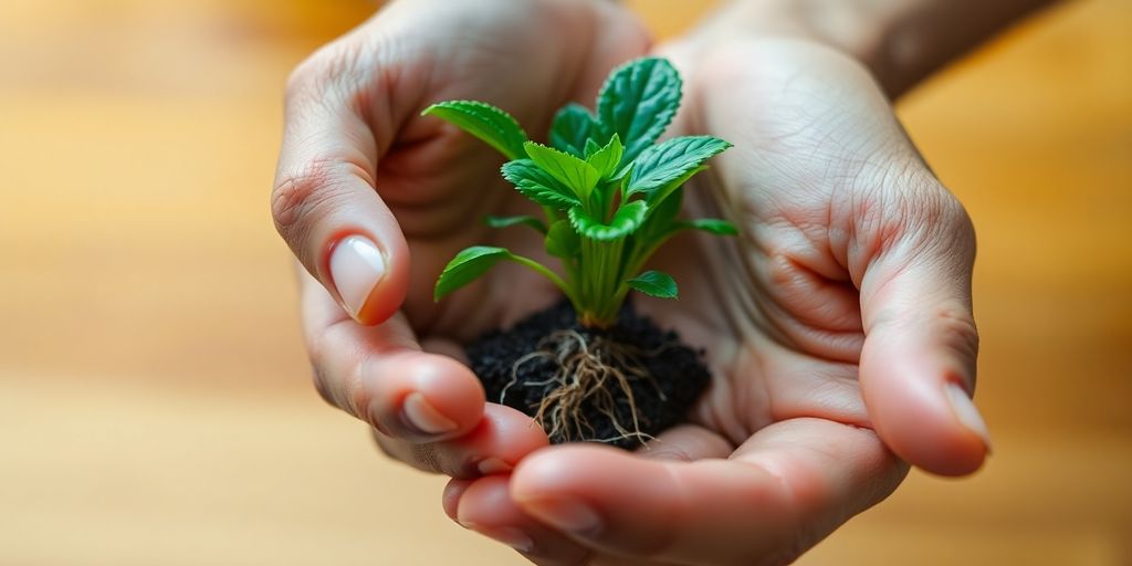 Two hands gently hold a small, flourishing green plant.