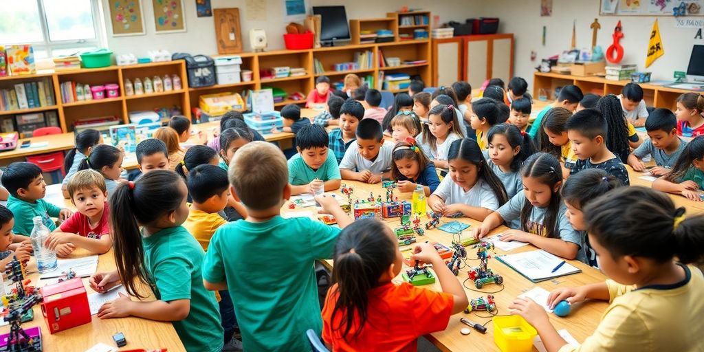 Diverse students engaged in hands-on STEM activities in class.