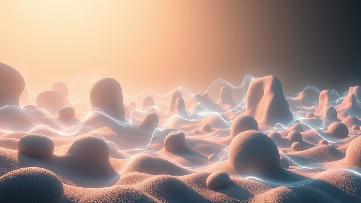Abstract shapes morphing into recognizable forms in a surreal landscape.