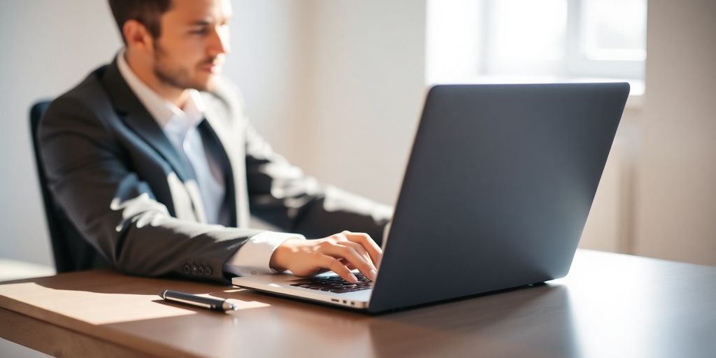 Well-dressed person, desk, laptop, professional, writing.