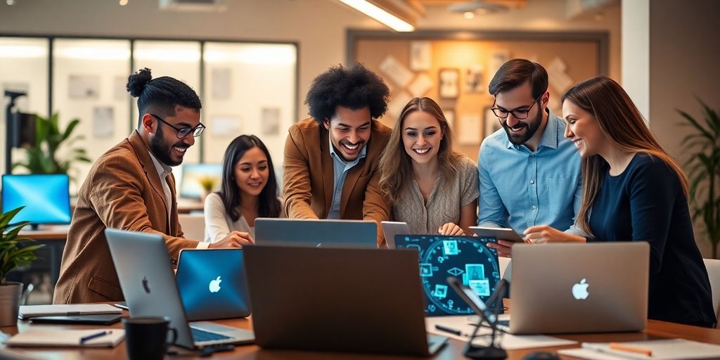 Professionals collaborating in a modern workspace with technology.