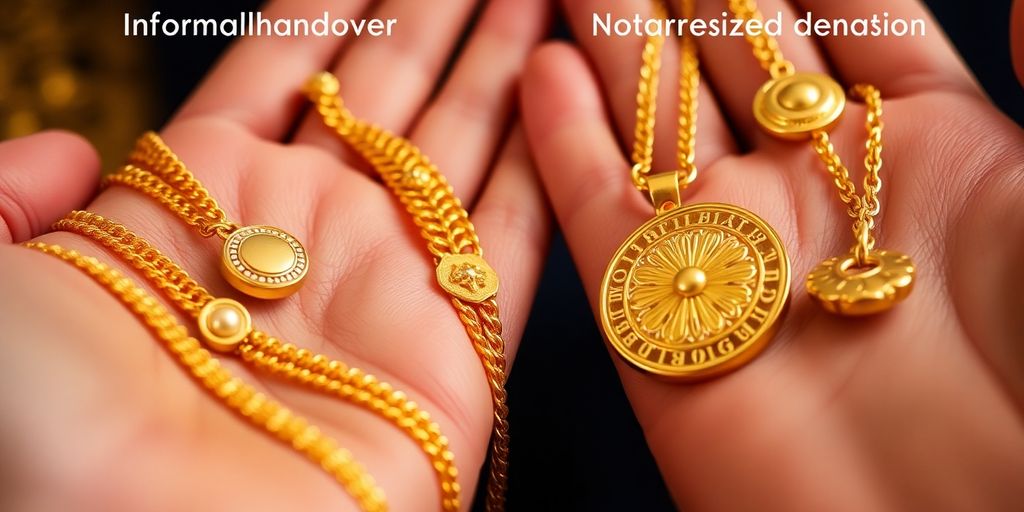 Bijoux en or illustrant une donation manuelle et notariée.