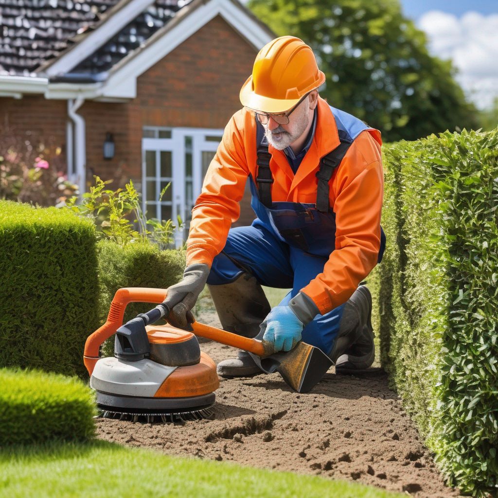 gardener preparing worksite for hedge trimming with safety equipment