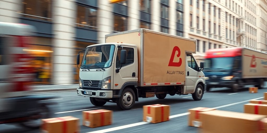 Delivery truck navigating a city street with packages.