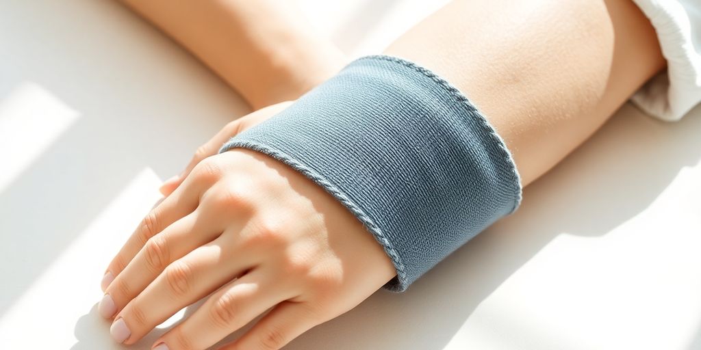 Woman's bandaged arm, compression garment.