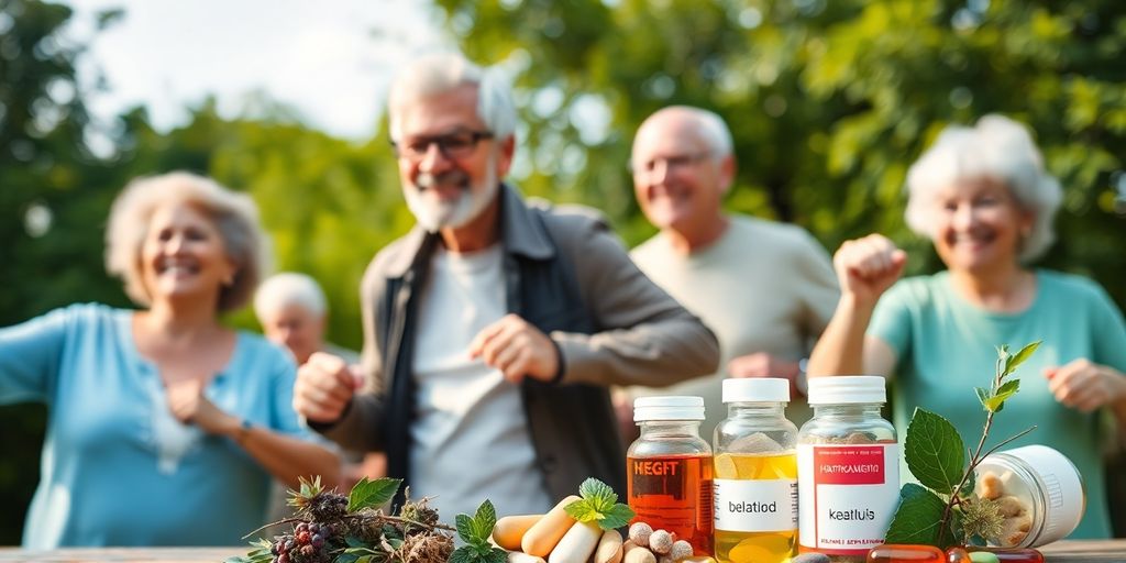Older adults exercising outdoors with natural supplements.