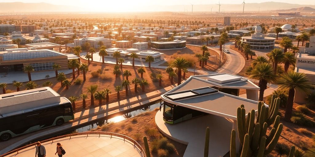 Desert cityscape with solar rooftops, glass towers, bus, and pavilion