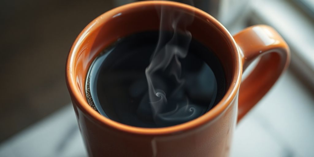 Steaming coffee cup, warm, inviting glow.