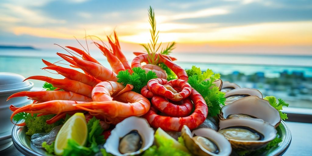 Seafood platter with prawns, crab, and oysters by the sea.