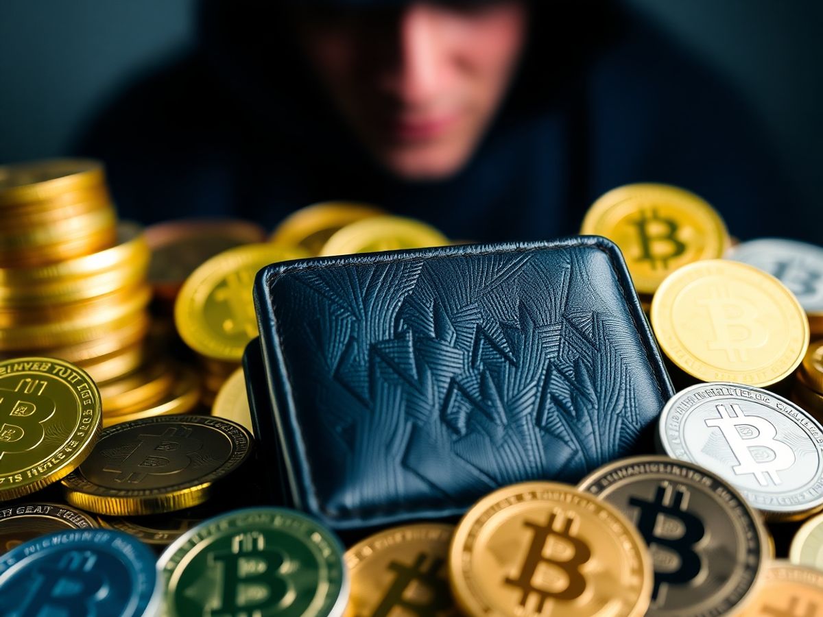 Digital wallet with cryptocurrency coins and shadowy figure.