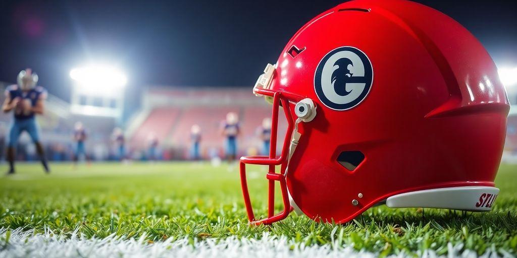 Football helmet, stadium lights, blurred players