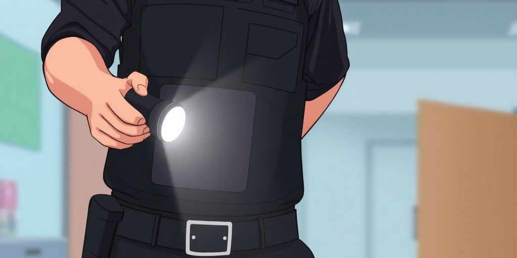 Security guard in uniform, flashlight