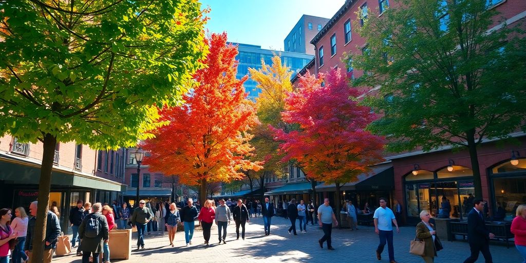 Boston skyline, people walking, autumn leaves.