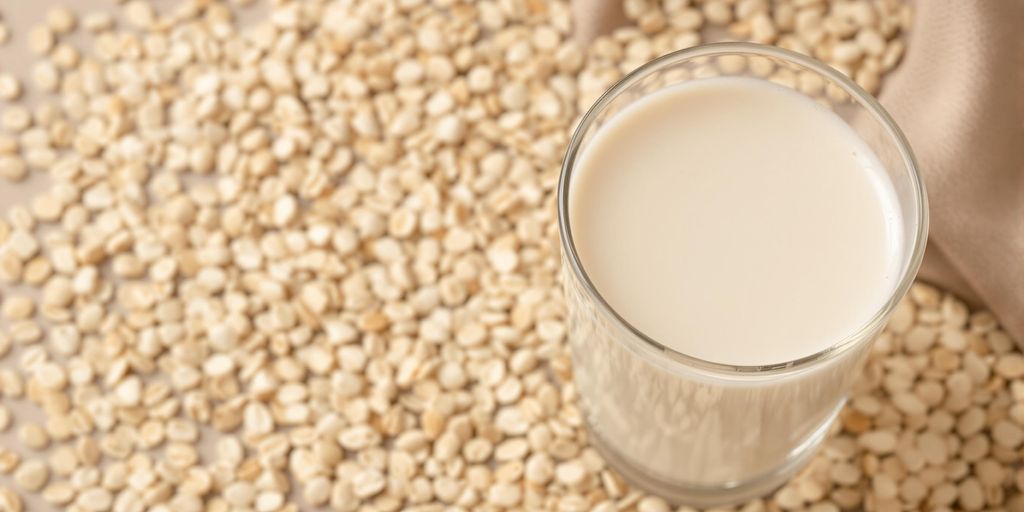 A glass of oat milk with oats around it.