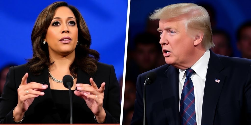 Harris and Trump debating in a lively setting.