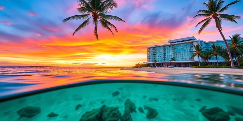 Tropical beach with hospital in Hawaii at sunset.