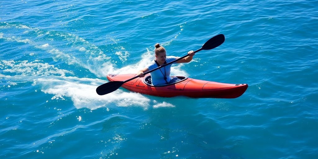  kayaker executing a powerful forward stroke in calm ocean water.