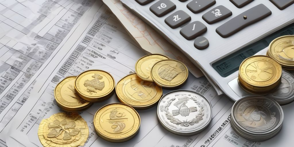 gold and silver coins with financial documents and calculator