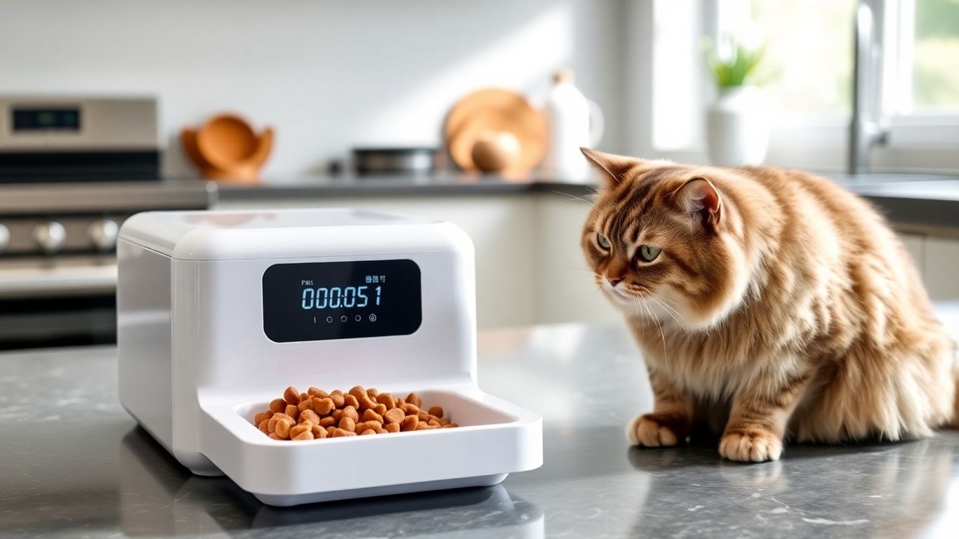 Cat eating fresh food from smart feeder in kitchen