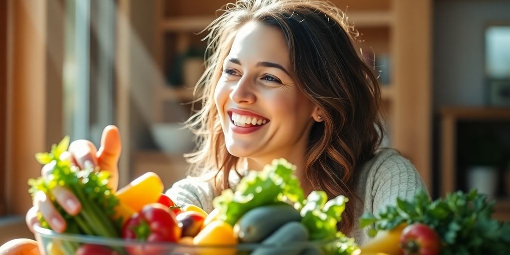 Woman smiling, reaching for healthy food.