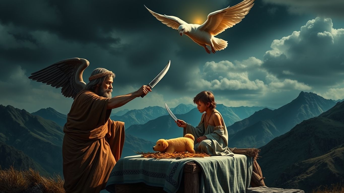 Abraham con cuchillo sobre Isaac, ángel interviniendo