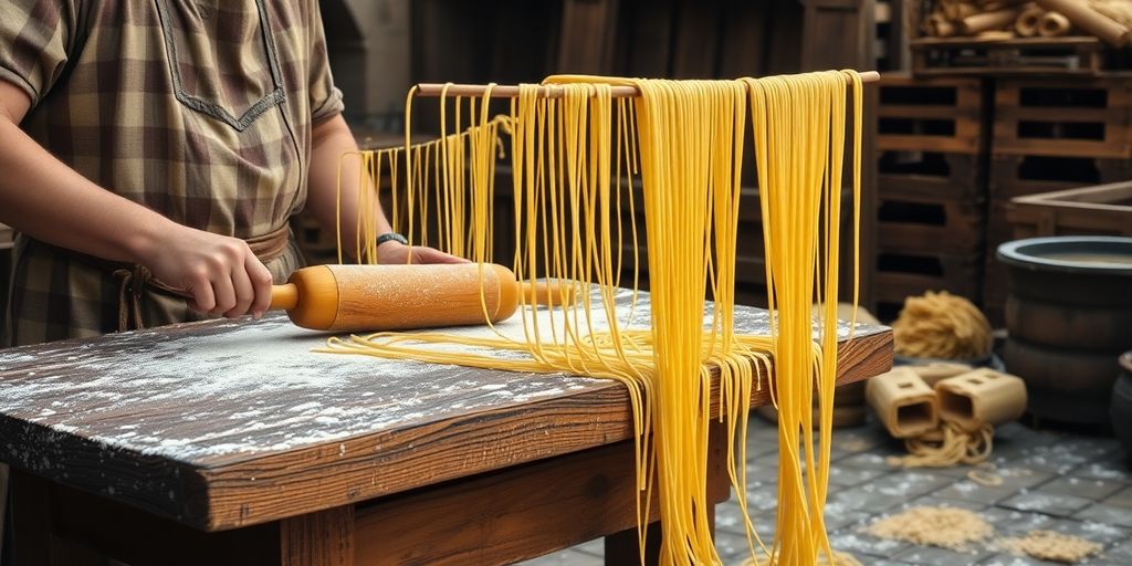Italian cook rolls pasta dough on wooden table near ship.