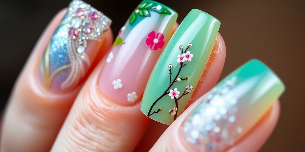 Unhas de fibra de vidro encapsuladas coloridas e brilhantes.