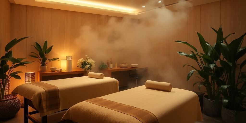 Tranquil spa setting with lush plants and soft lighting.