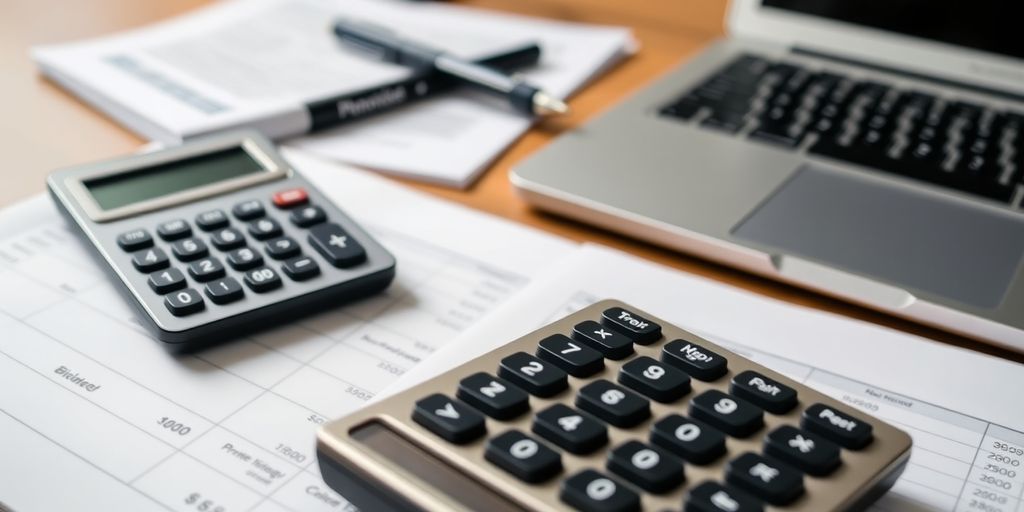 Calculatrice et budget SEO sur un bureau.
