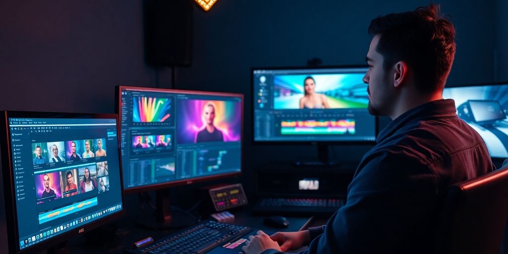 Professional video editor working in a dark studio.
