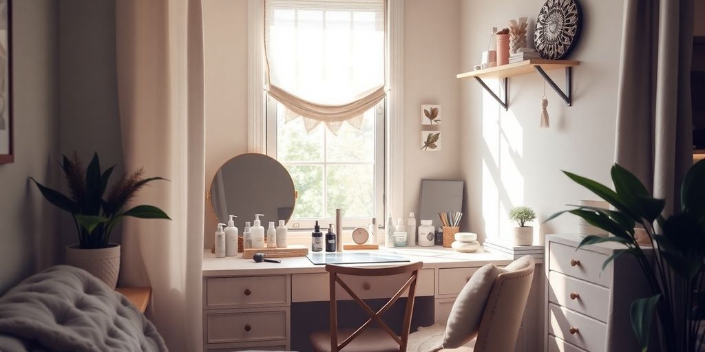 Espaço aconchegante de beleza em casa com produtos de estética.