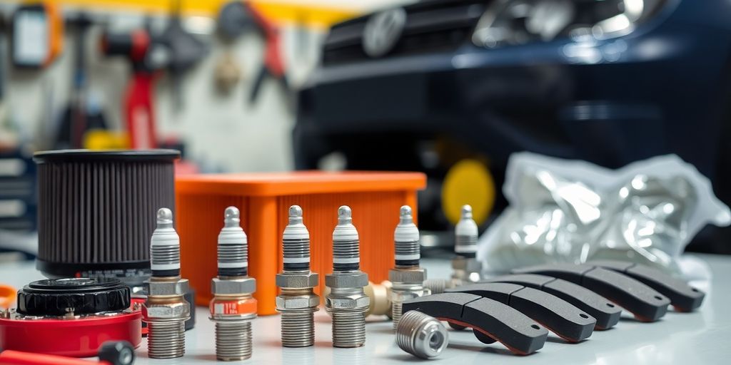 Volkswagen parts, tools, and car engine.