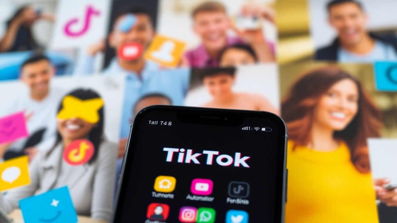 Smartphone displaying TikTok app with colorful social media icons.