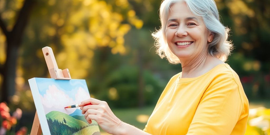 Happy senior woman painting outdoors.