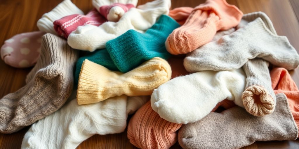 Colorful large socks stacked on a wooden surface.