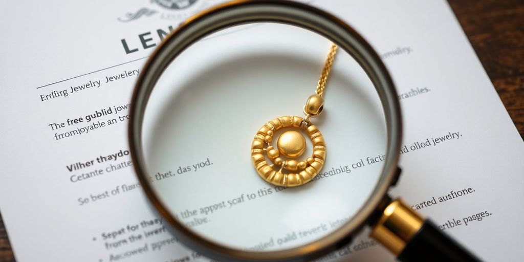 Bijoux en or sur un document avec une loupe.