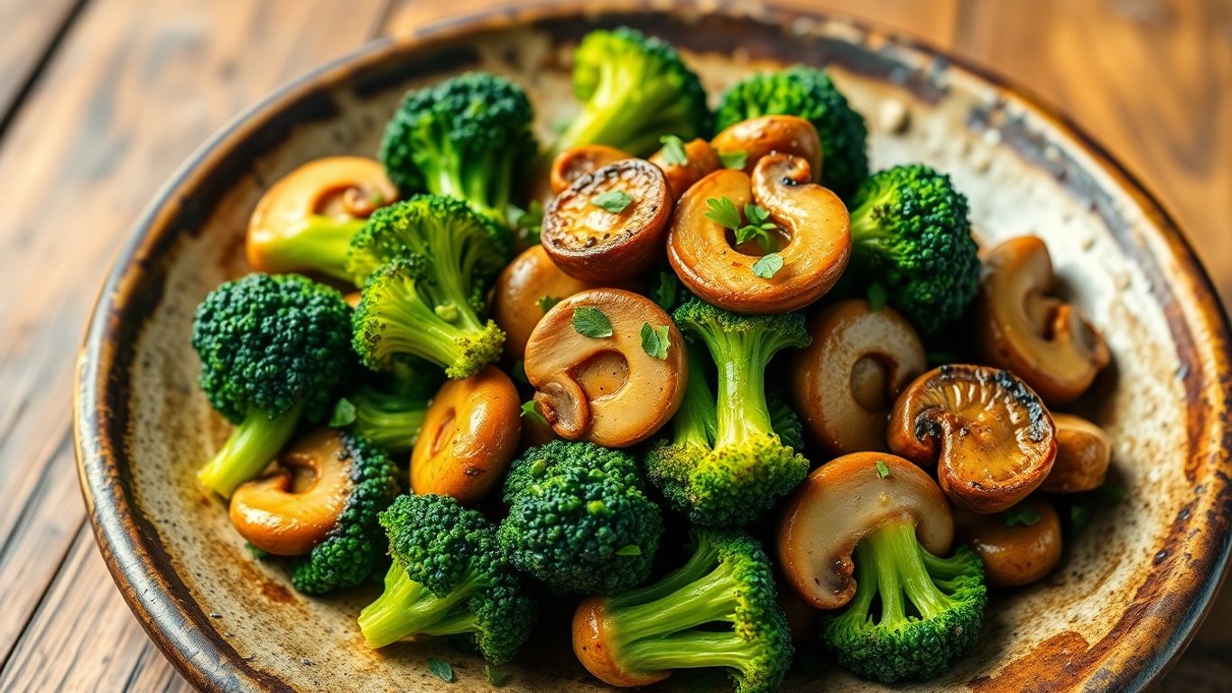 Prato de brócolis e cogumelos refogados.