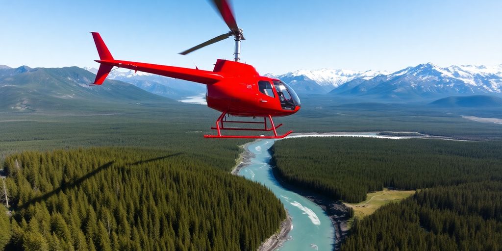 A helicopter flies over a vast Alaskan mountain range.