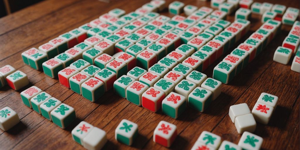 Mahjong tiles on a wooden table, ready for play.